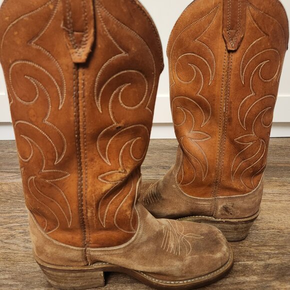 Dingo Square Toe Brown and tan Suede and  Leather Cowboy Boots Mens Size 8 - Picture 5 of 7